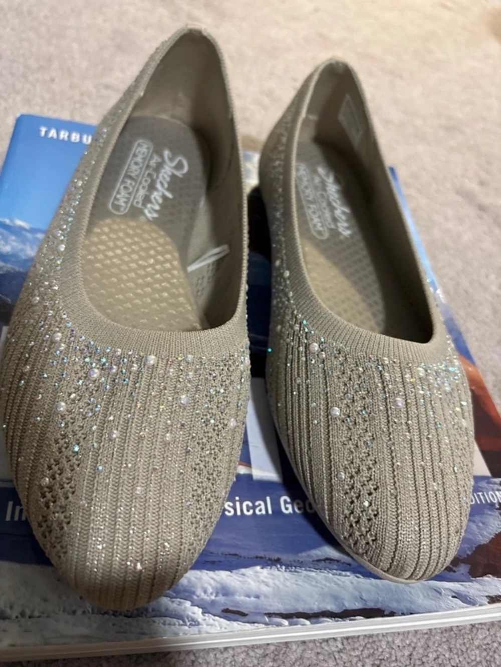 Skechers Taupe Knit Slip-On Flats with Sparkle Accents Size 8.5